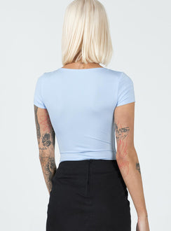 back view of model wearing Princess Polly Chavis Bodysuit Blue Short Sleeves Square Neck 