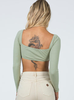back view of model wearing Princess Polly Becca Long Sleeve Crop Top Sage 