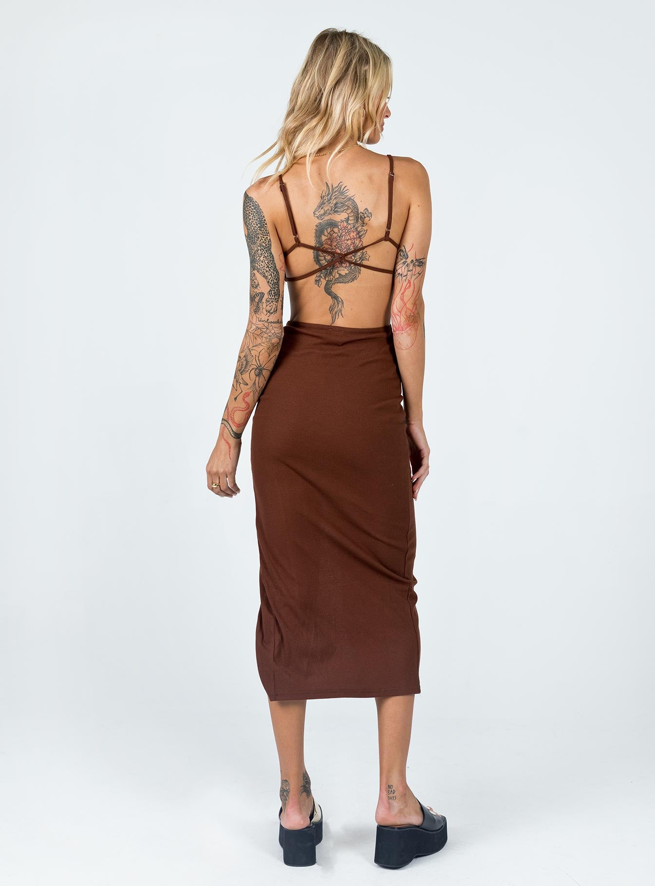 back view of model wearing Princess Polly Elliot Midi Dress Brown 