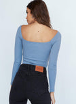 back view of model wearing Princess Polly Charlotte Bodysuit Blue Full Sleeves Square Neck 