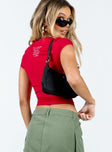 Front view of model wearing  front Princess Polly Short Sleeves Square Neck  Love Language Tee Red