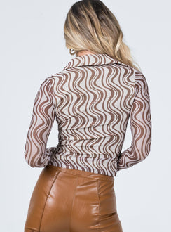 back view of model wearing Princess Polly Ginny Long Sleeve Top Brown / Beige 