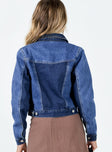 Denim jacket Dark wash denim  Contrast stitching  Classic collar  Button front fastening  Twin chest pockets  Single button cuff 