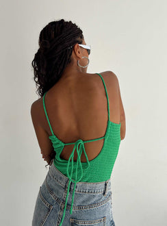 back view of model wearing Princess Polly Niles Bodysuit Green Sleeveless Asymmetric Neckline 