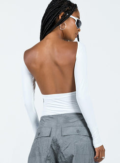 back view of model wearing Princess Polly Gatewood Long Sleeve Bodysuit White Full Sleeves Boat Neck 