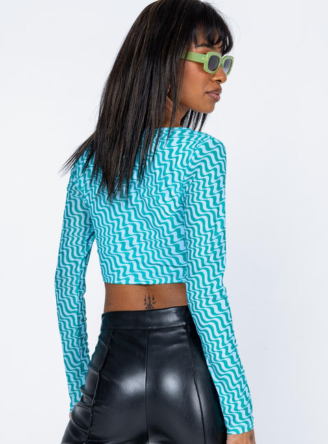 back view of model wearing Princess Polly Winston Long Sleeve Top Blue Multi 