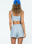 Grey matching set Quilted material Crop top Fixed straps Invisible zip fastening at side High waisted shorts Elasticated waistband