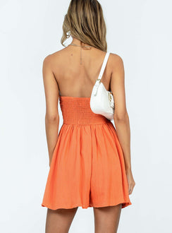 Orange strapless romper Linen material  Inner silicone strip at bust  Shirred back Invisible zip fastening at side  Gathered waist 