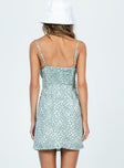 back view of model wearing Princess Polly Tallie Mini Dress Green Floral Square Neck 