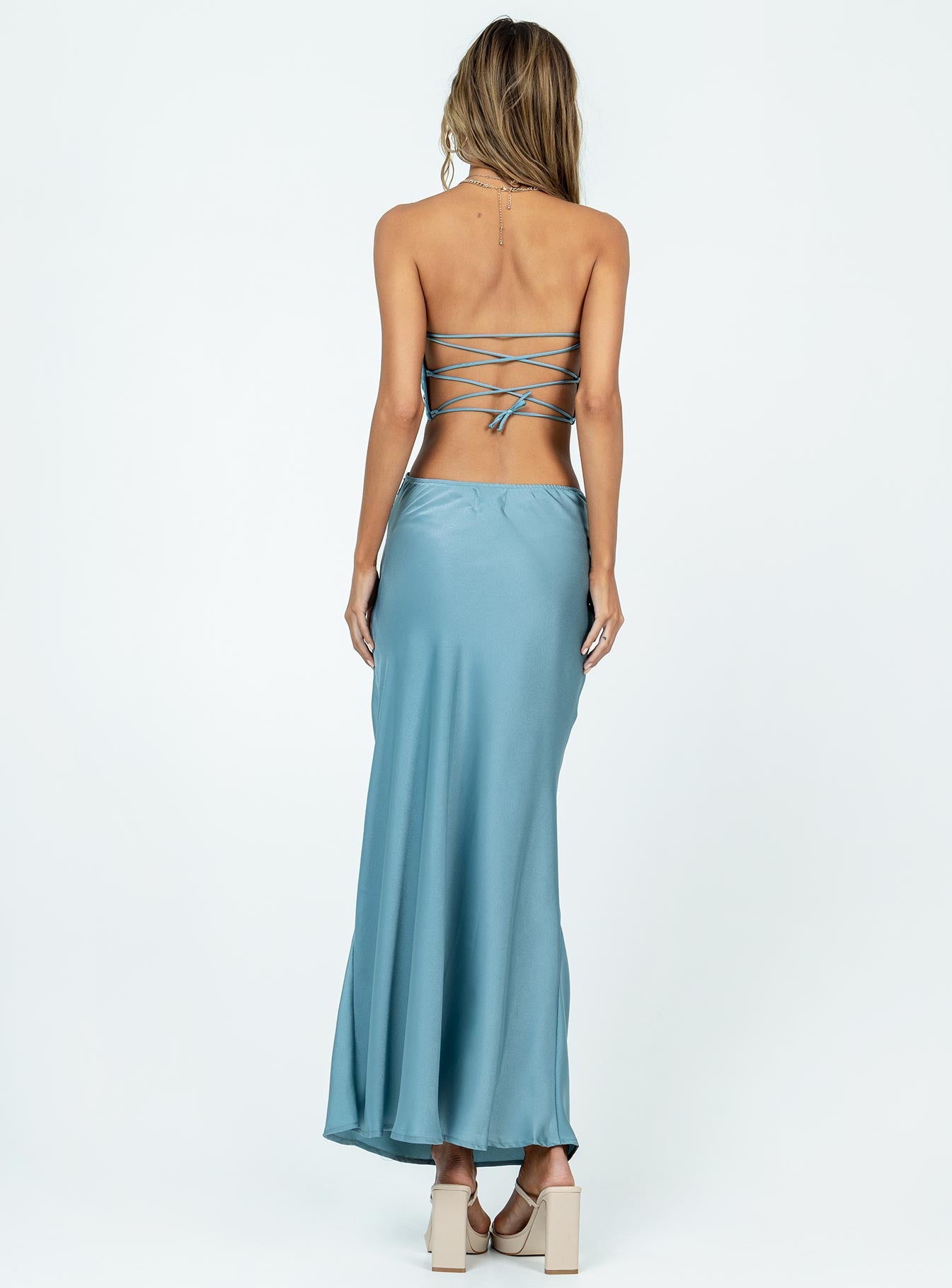 Blue matching set Crop top  Pleated bust  Inner silicon strip  Back tie fastening  High waisted maxi skirt  Pleated waistband  Invisible zip fastening at side 