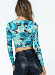 back view of model wearing Princess Polly Bestwick Long Sleeve Top Teal Floral Full Sleeves Scoop Neck 