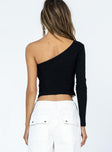 back view of model wearing Princess Polly Matty Long Sleeve Top Black / White Full Sleeves Asymmetric Neckline 