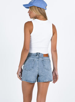 back view of model wearing Princess Polly Tropicana Shorts Denim High Waisted Shorts 