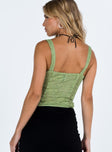 Green top Lace material Square neckline Hook and eye fastening at front Good stretch Mesh lining