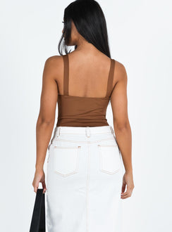 back view of model wearing Princess Polly Sosie Bodysuit Brown Sleeveless Plunger 