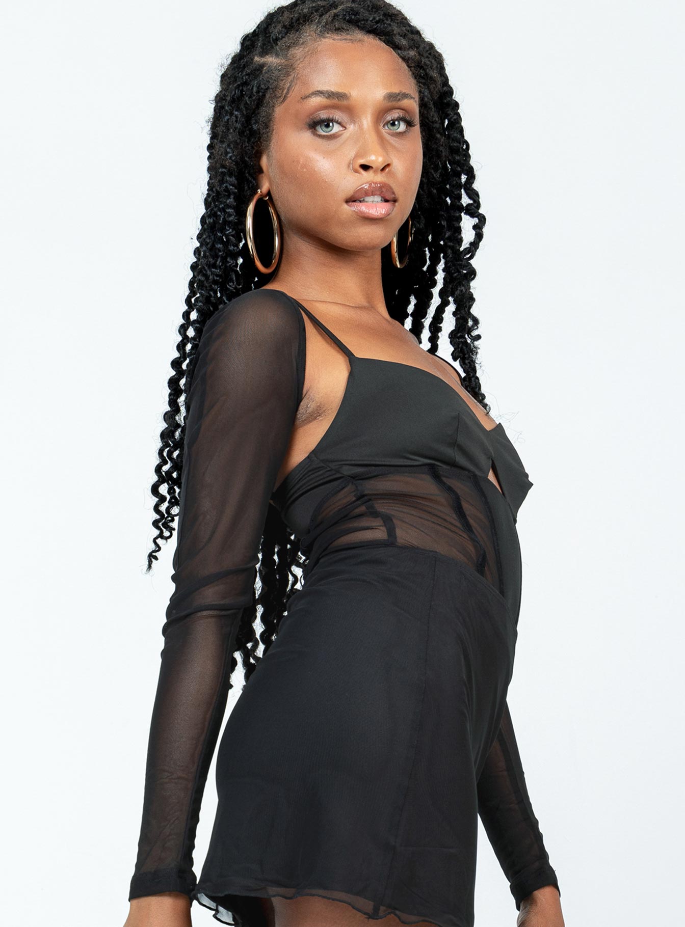 side view of model wearing Princess Polly Ashmore Long Sleeve Bodysuit Black Full Sleeves Sweetheart 