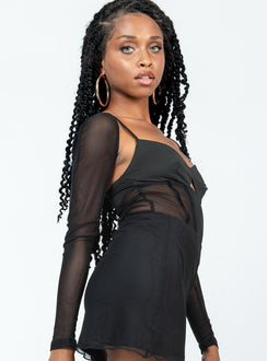 side view of model wearing Princess Polly Ashmore Long Sleeve Bodysuit Black Full Sleeves Sweetheart 