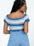 back view of model wearing Princess Polly Honeydew Top Blue Short Sleeves Boat Neck 