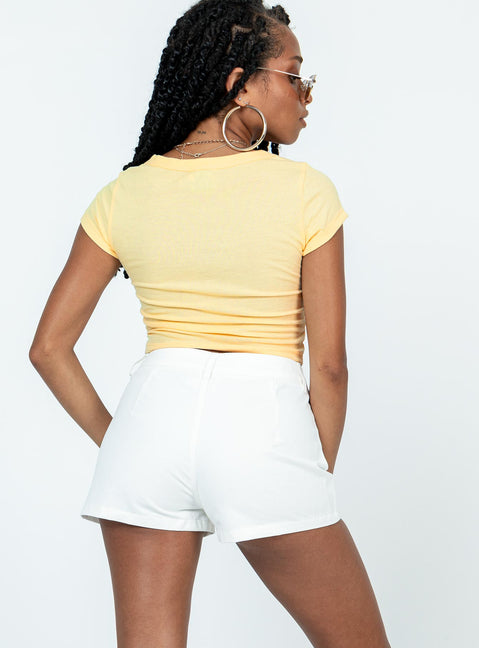 White shorts Lightweight material High waisted Belt looped waist Three pocket design Zip and button fastening