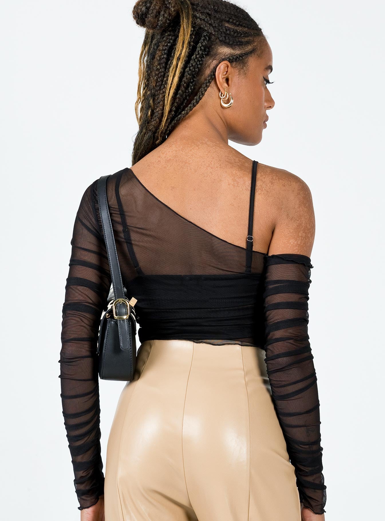 back view of model wearing Princess Polly Layla Long Sleeve Top Black 