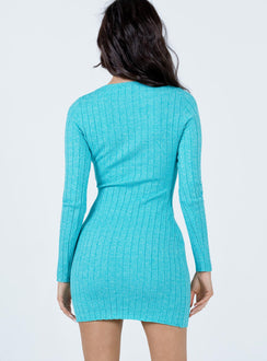 back view of model wearing Princess Polly Shanti Long Sleeve Mini Dress Teal 