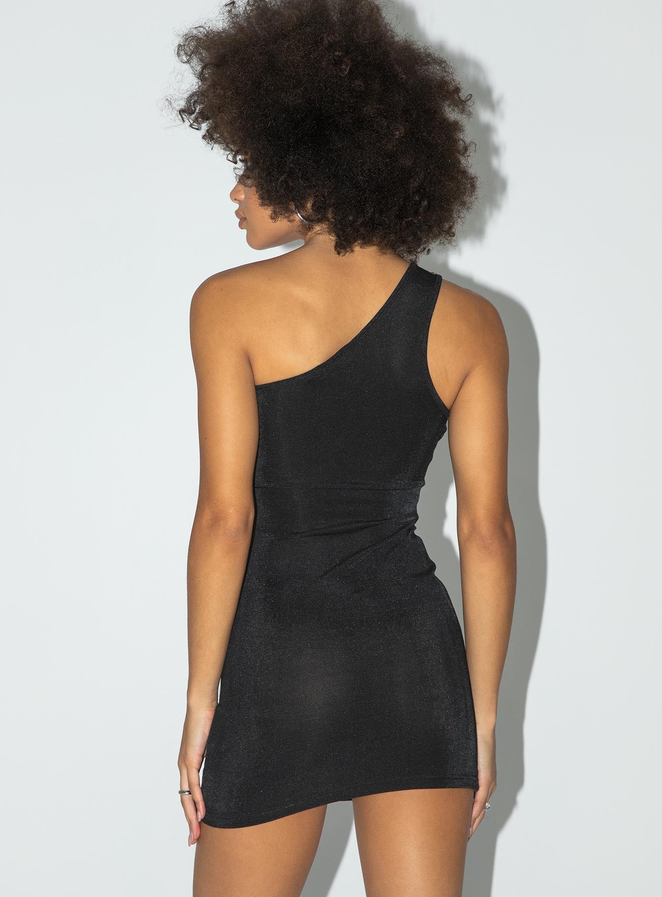 back view of model wearing Princess Polly Motel Mandan Dress Crepe Black Hotfix Diamante 