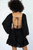 back view of model wearing Princess Polly Danny Long Sleeve Mini Dress Black Sweetheart Neckline 