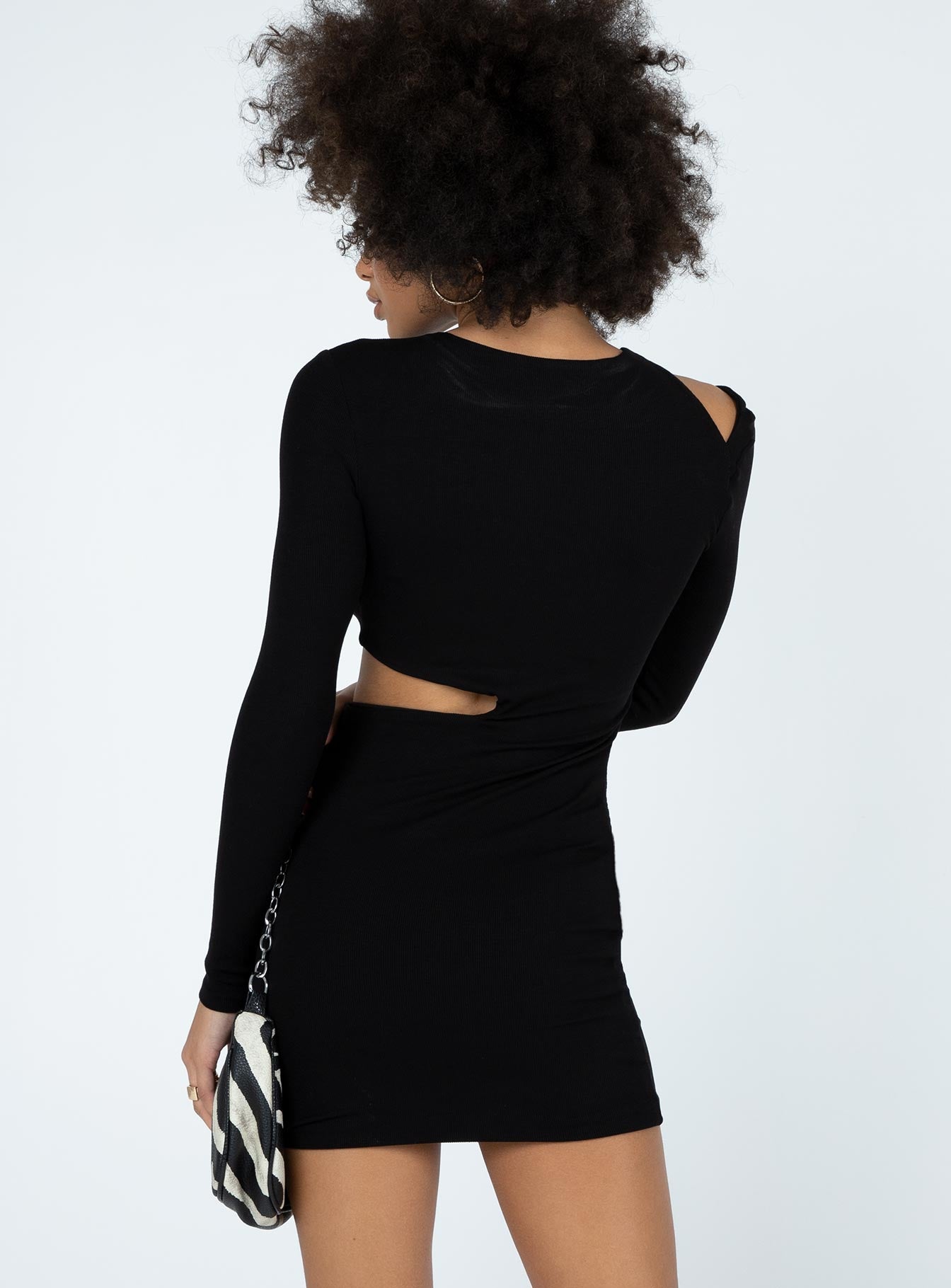 back view of model wearing Princess Polly Theodore Long Sleeve Mini Dress Black 