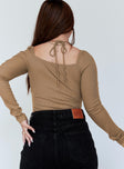 back view of model wearing Princess Polly Glow Up Bodysuit Beige Full Sleeves Square Neck 