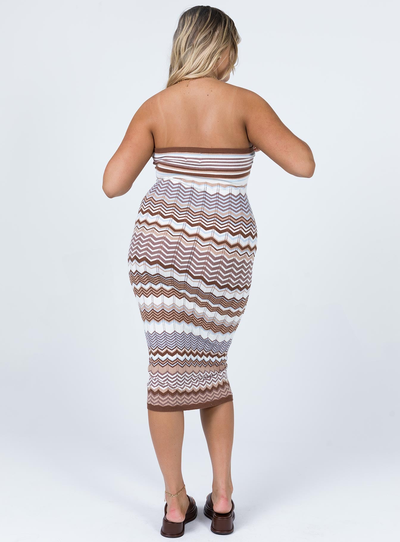 back view of model wearing Princess Polly Ariella Midi Dress Brown 