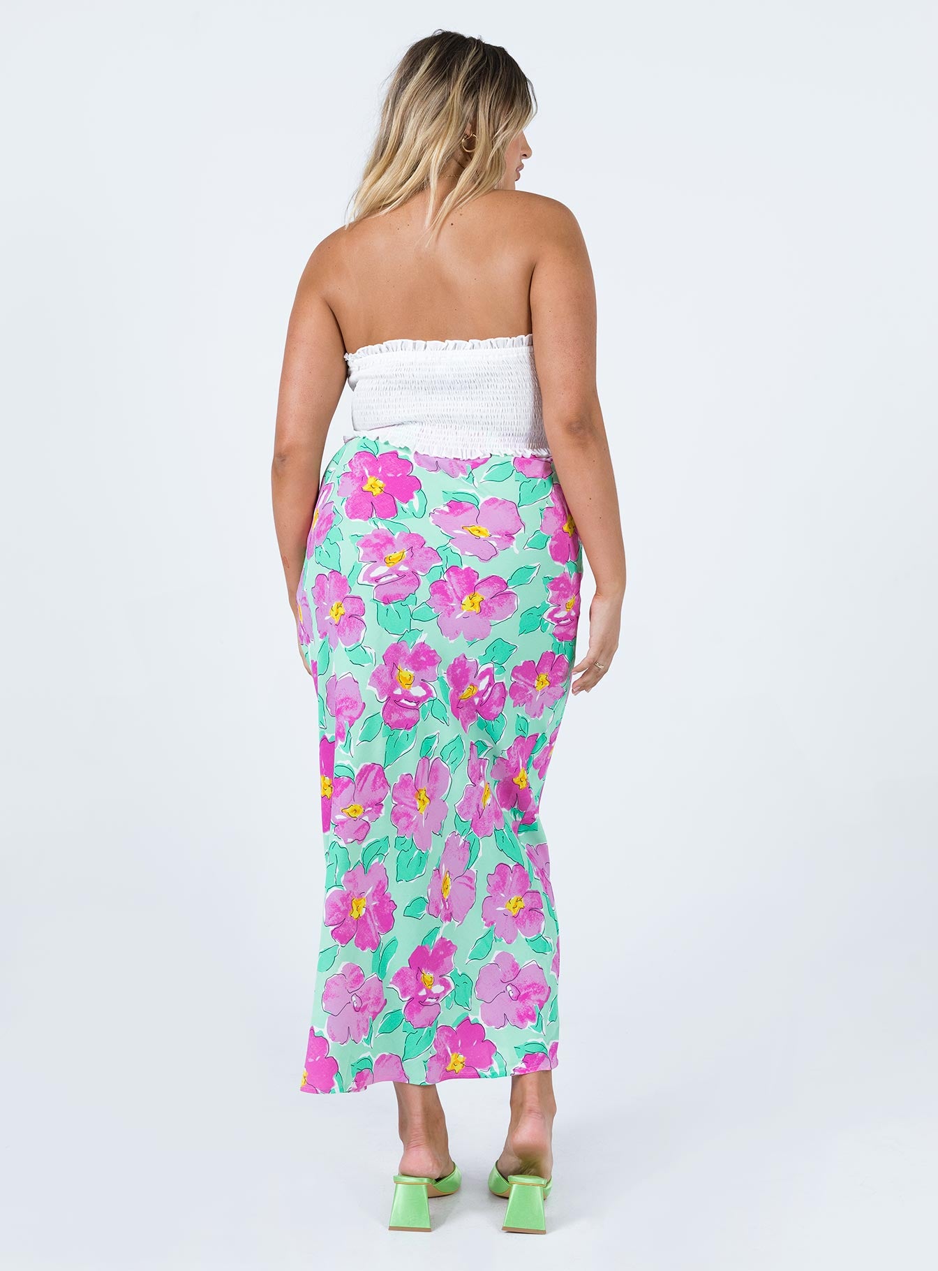 back view of model wearing Princess Polly Adah Maxi Skirt Green Maxi 