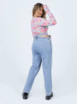 back view of model wearing Princess Polly Mollie Asymmetric Denim Jeans High Waisted 