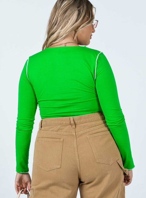 back view of model wearing Princess Polly Good Vibes Long Sleeve Top Green 