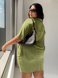 Matching set Soft knit material  Button up shirt Classic collar Button fastening at front Strapless mini dress Elasticated band at bust