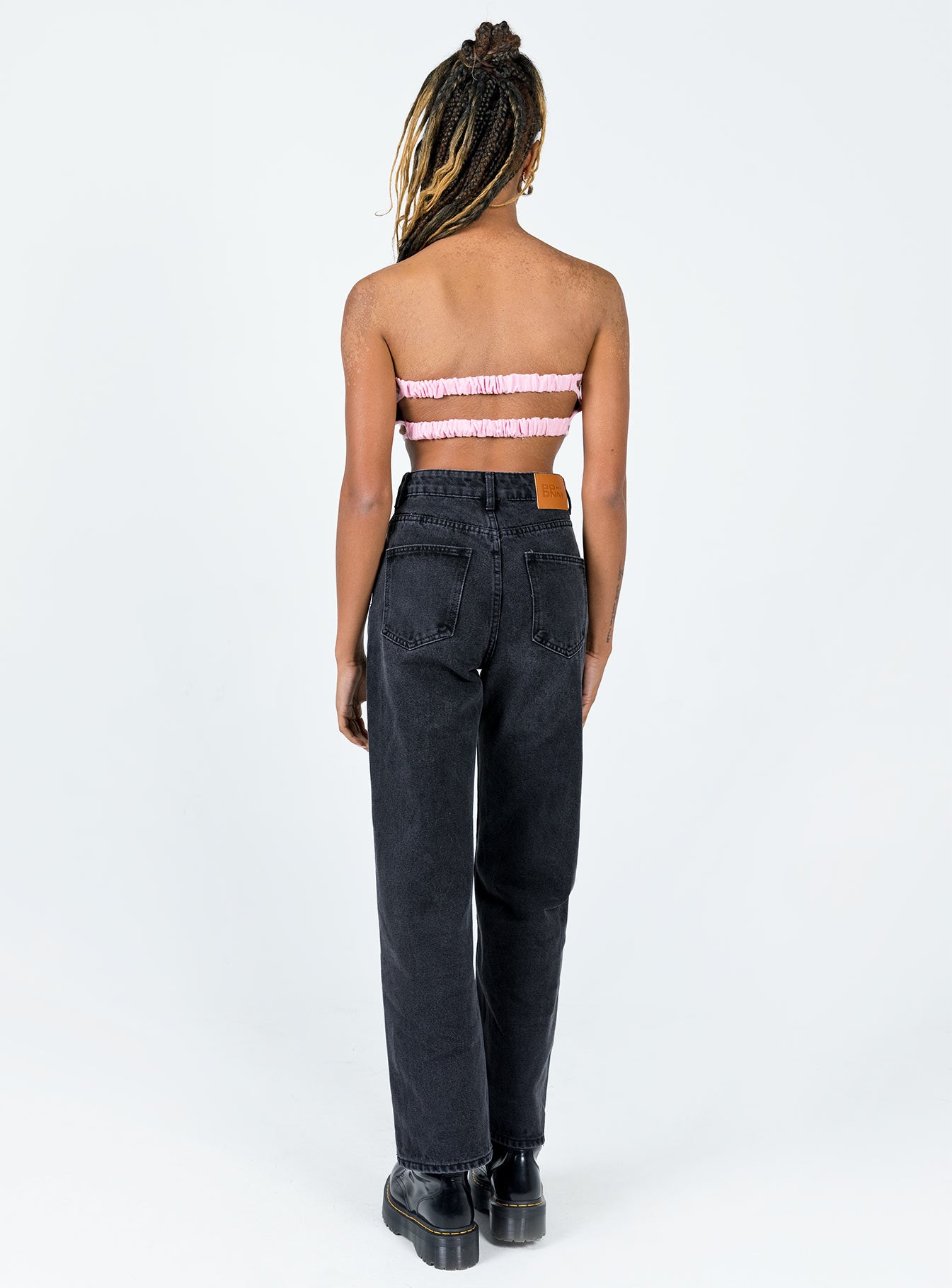 back view of model wearing Princess Polly Henley Denim Jeans Black High Waisted 