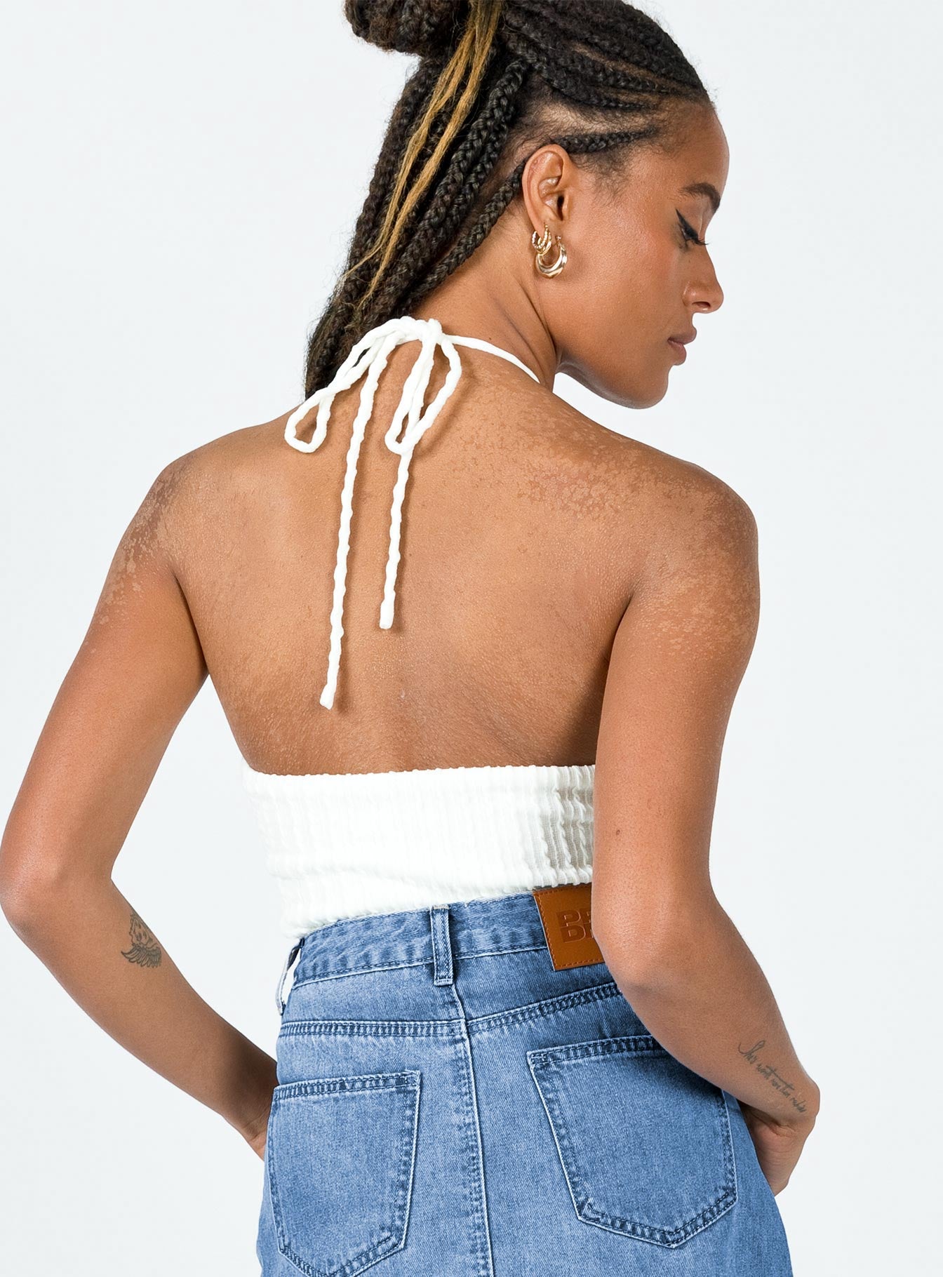 back view of model wearing Princess Polly Donte Bodysuit White Sleeveless Crew Neck 