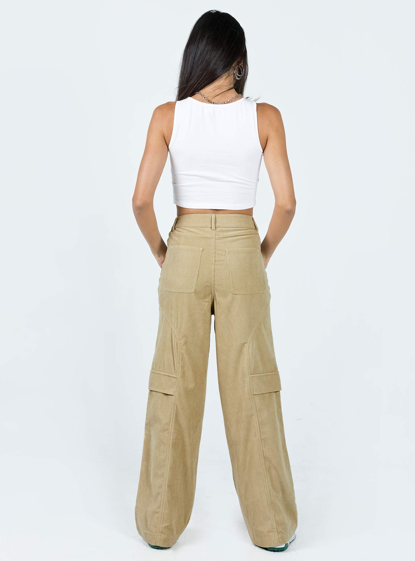 Front view of model wearing  front Princess Polly  City Loop Cord Pants Beige