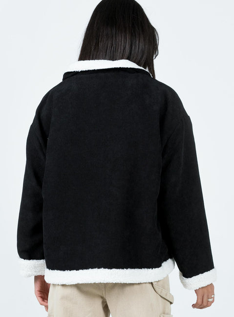 Jacket Corduroy material Faux fur lining & trim High neck Zip & button fastening at front Twin hip pocket