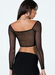 Long sleeve top Sheer mesh material Wide sweetheart neckline Pointed hem Good stretch Lined bust