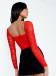 back view of model wearing Princess Polly Delany Bodysuit Red Full Sleeves Square Neck 