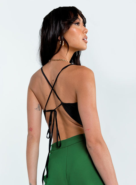 back view of model wearing Princess Polly Julia Plisse Top Black Sleeveless Cowl 