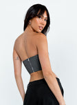 Grey crop top Faux leather material  Strapless design  Boning through front  Pointed hem 