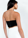 Black crop top Mesh material Boning throughout  Pointed neckline  Inner silicone strip at bust  Zip fastening at back 