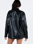 Black jacket Faux leather material Twin press button fastening at neck Zip fastening at front