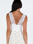 White top Lace material  Plunging neckline Good stretch Lined bust