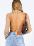 back view of model wearing Princess Polly Cyrus Long Sleeve Top Beige 