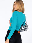 back view of model wearing Princess Polly Milena Long Sleeve Bodysuit Teal Full Sleeves V-Neck 