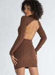 back view of model wearing Princess Polly Zion Long Sleeve Mini Dress Brown 