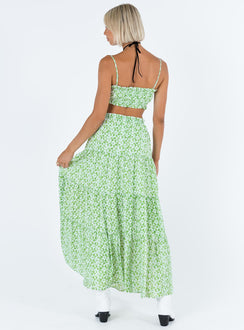 Matching set Floral print Crop top Adjustable shoulder straps Ruched design Frill detail Maxi skirt Thin elasticated band at waist Tiered skirt