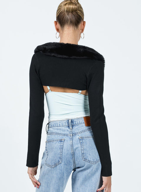 Bambil Faux Fur Trim Bolero Sweater Black Princess Polly  Cropped 